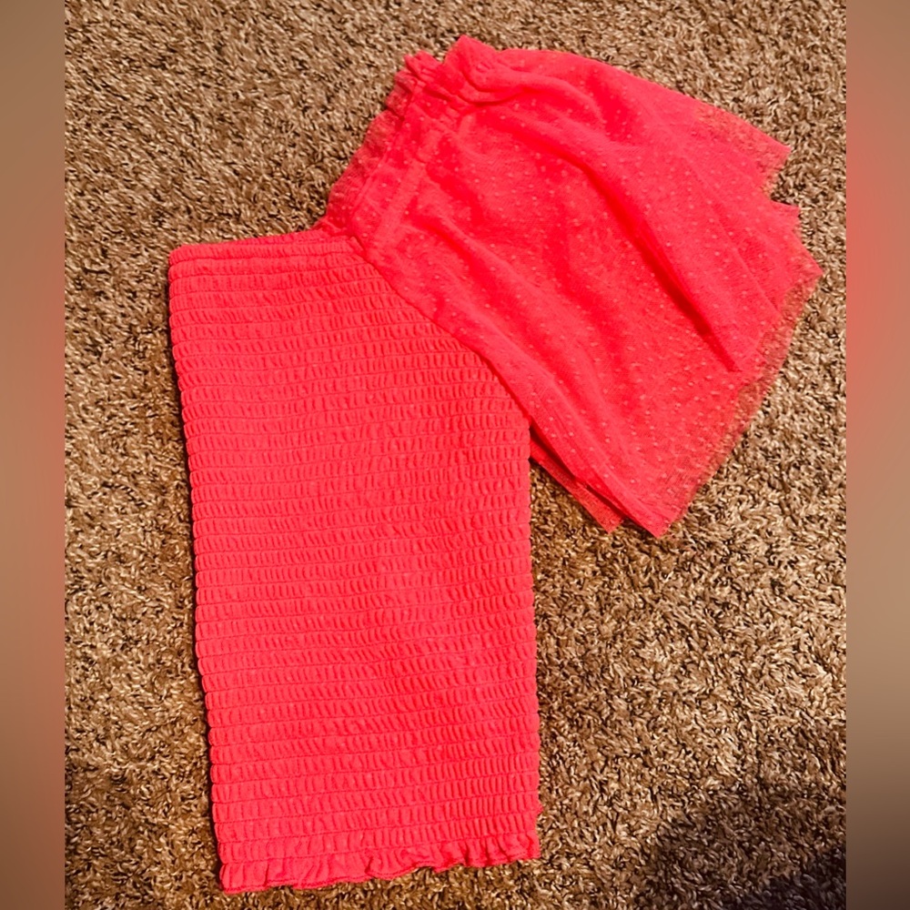 Willow & Root Square-Neck Smocked Puff-Sleeve/tulle Top in Coral - Picture 9 of 15